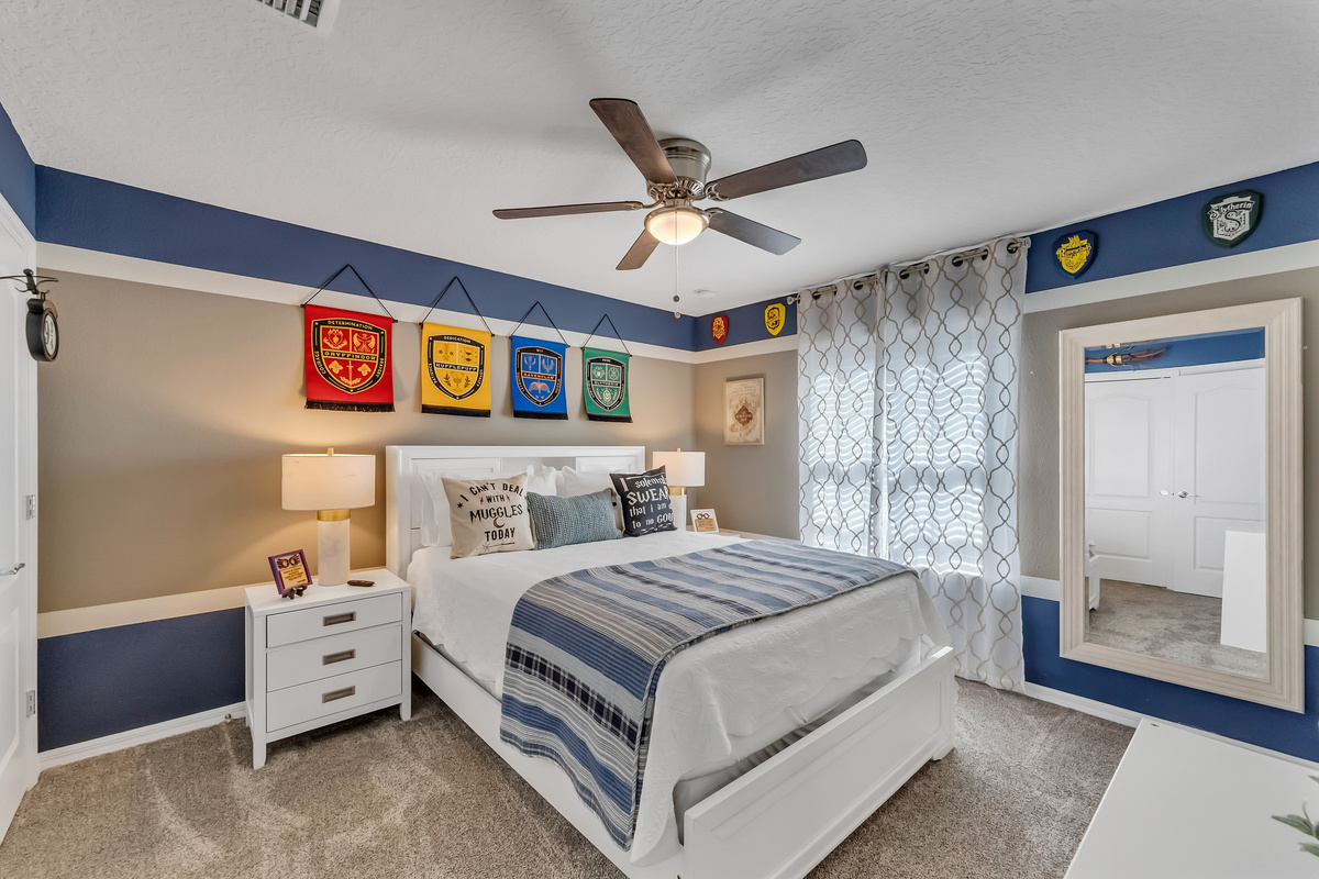 Harry Potter themed queen sized bedroom upstairs with Jack and Jill connected bathroom