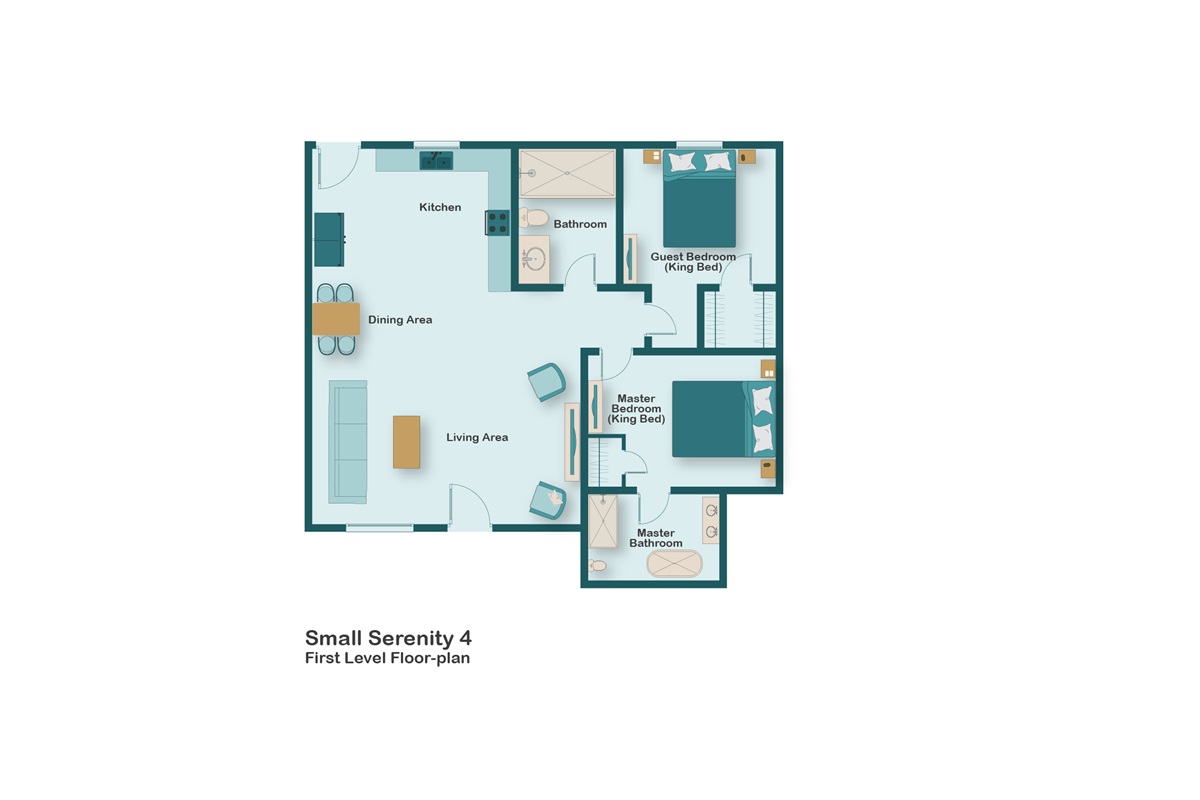 Small Serenity floorplan. Small Serenity 4 is Newly Remodeled and Professionally Designed in 2025 - New kitchen, bathrooms, flooring, furniture and appealing decor