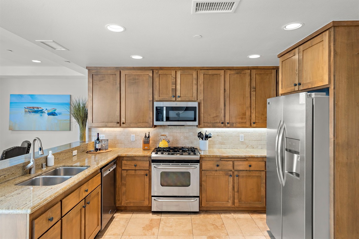 The kitchen is fully equipped to prepare almost any meal.  It also has granite countertops, new appliances, food processors, Instapot, a blender, a Ninja Grill and a fridge with filtered water and ice