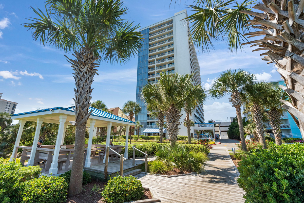 Resort grounds and gazebo beside the Forest Dunes tower