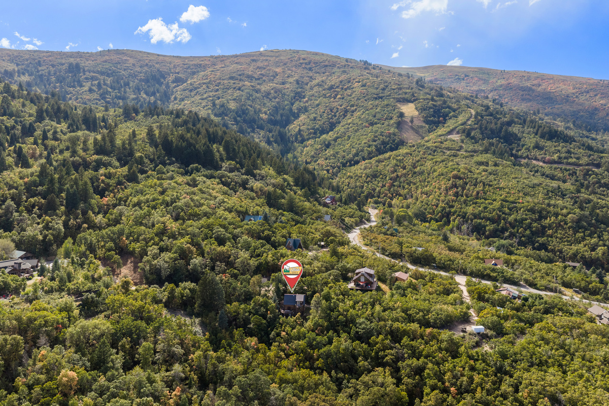 Sweeping aerial scenery with the cabin surrounded by miles of mountain greenery.