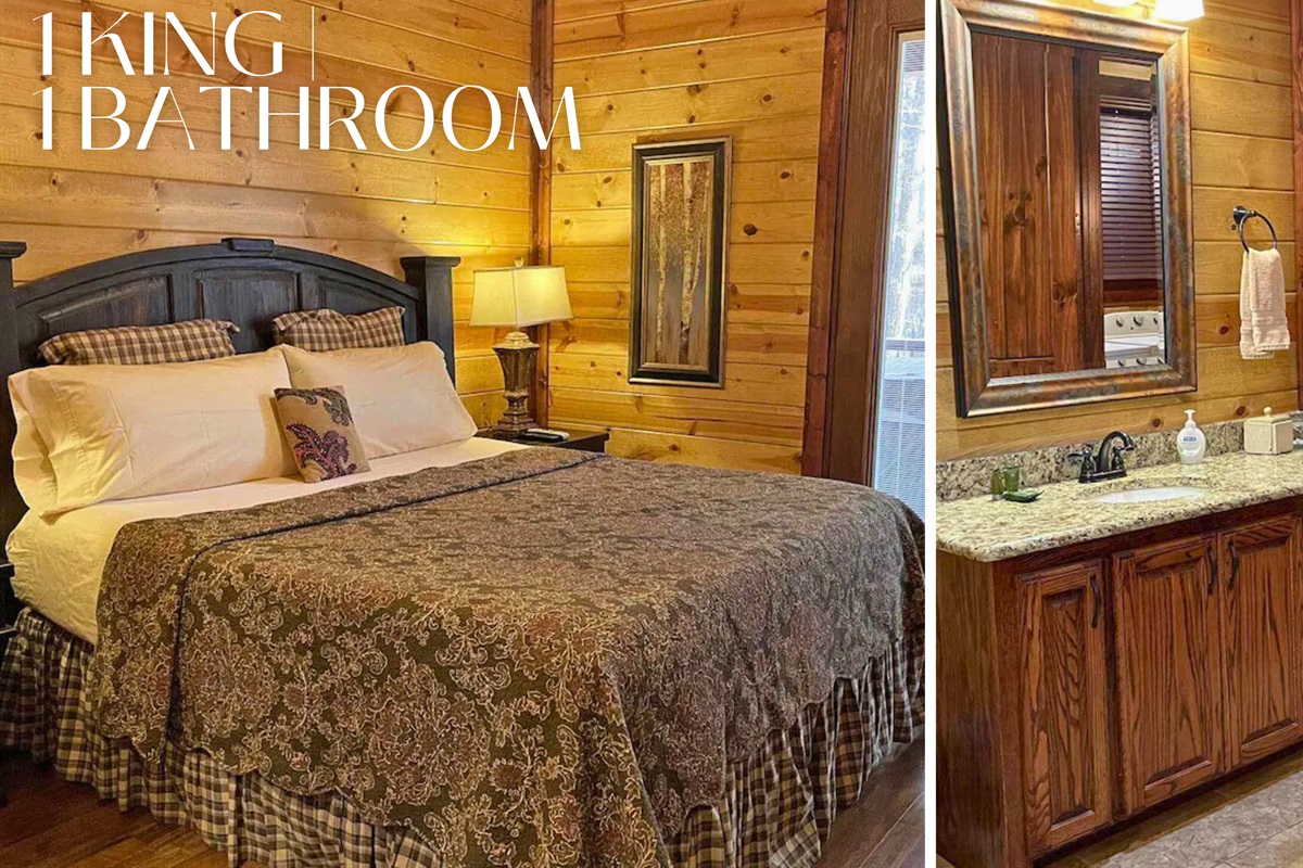 Rest easy in a plush king bedroom with attached bath at White Tail Waters. Peaceful nights, refreshed mornings.