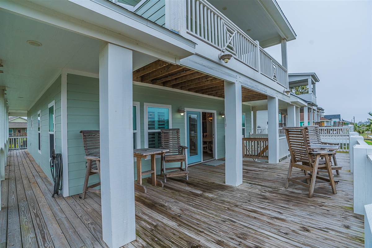 Lower deck off of the main floor and an upper balcony off of the master bedroom.