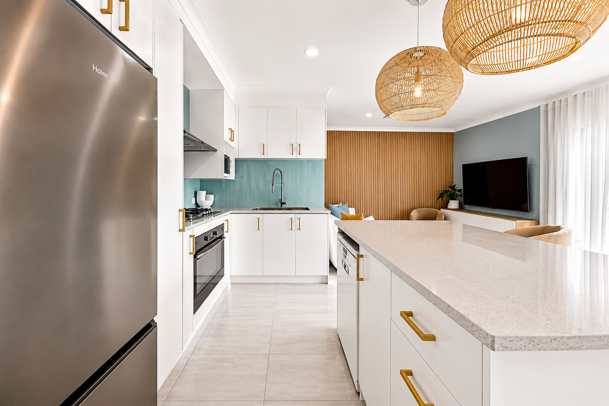 Fully equipped kitchen at The Duchess of Duke, with gas cooktop, oven, microwave, dishwasher, fridge, kitchenware, wine glasses and a connected dining layout.