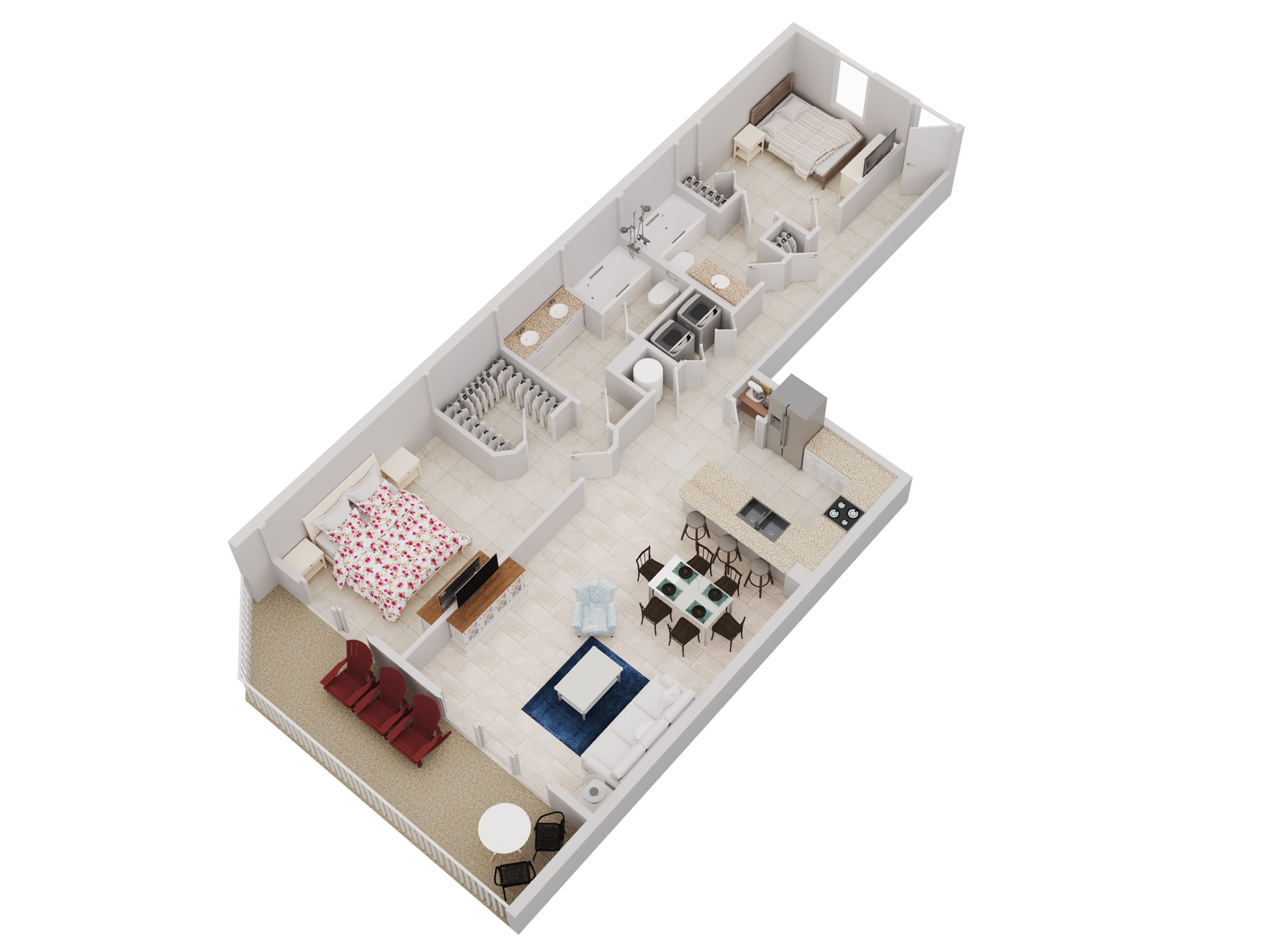 Condo floorplan showing Gulf views from the Living Room and Primary Bedroom
