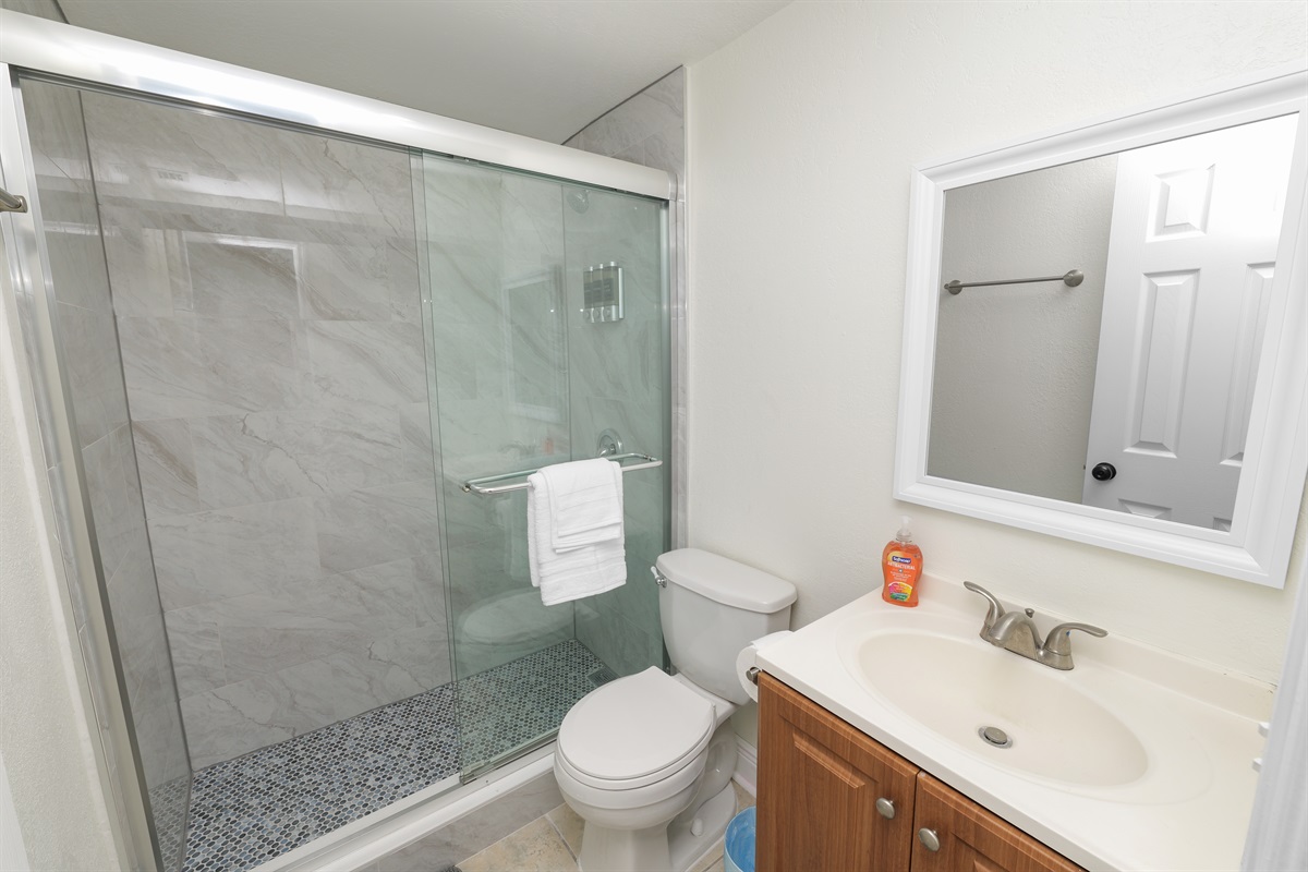 Crisp, clean, and contemporary, this full bathroom offers a polished look with a granite-style vanity, soft-close drawers, and a striking tile shower accented with glass and stone textures.