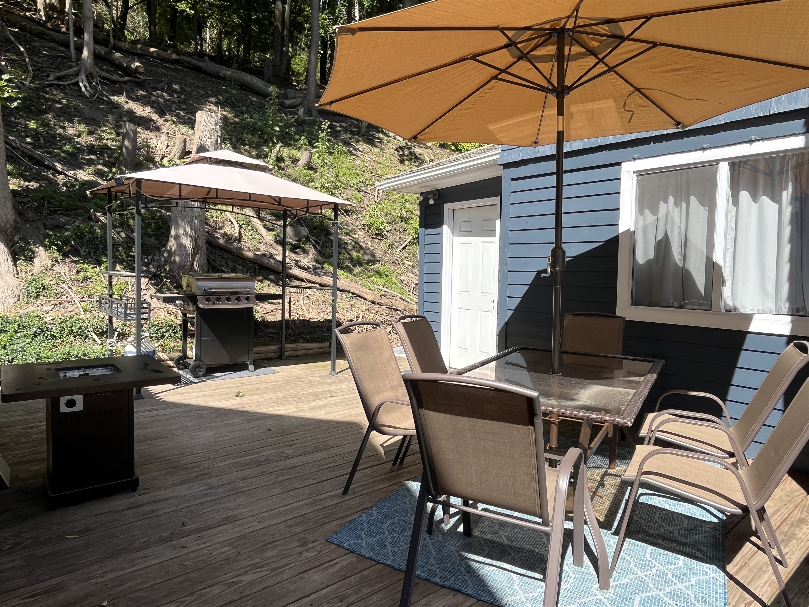 Rear deck with gass grill, fire table and dining