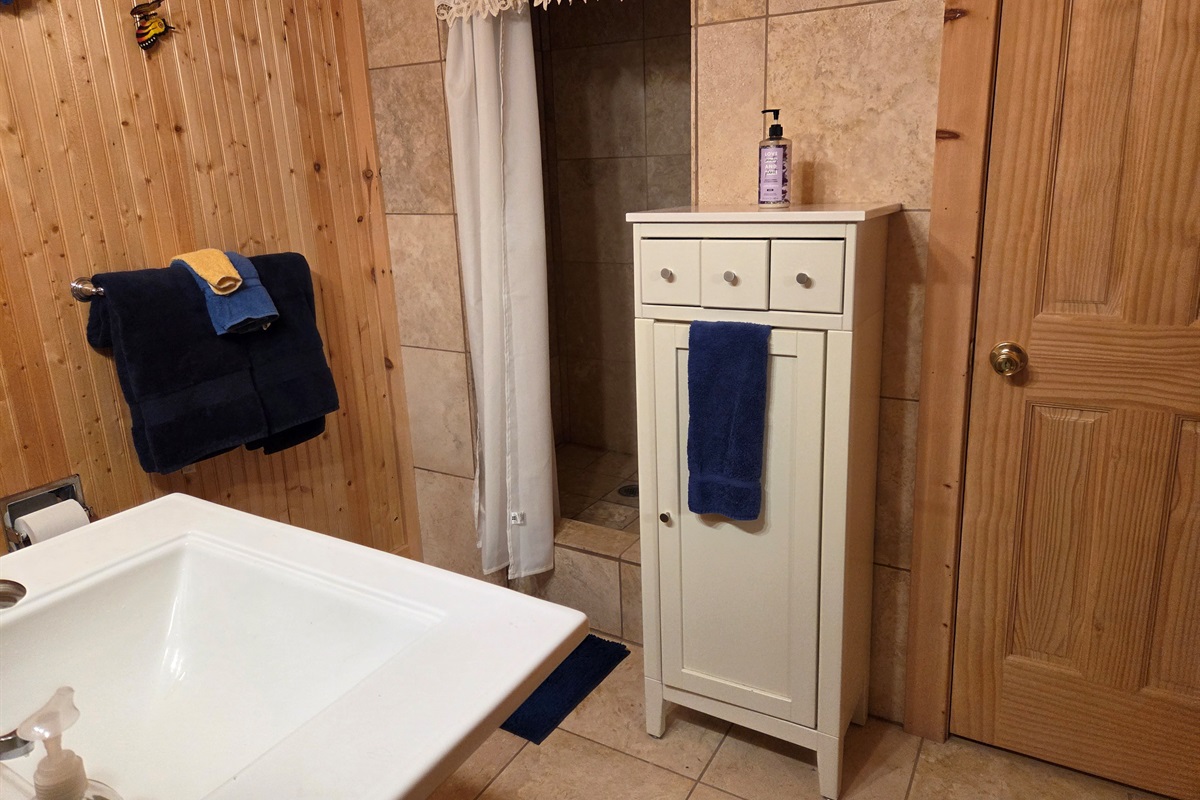This ensuite bathroom for the master bedroom has storage and a jetted shower.