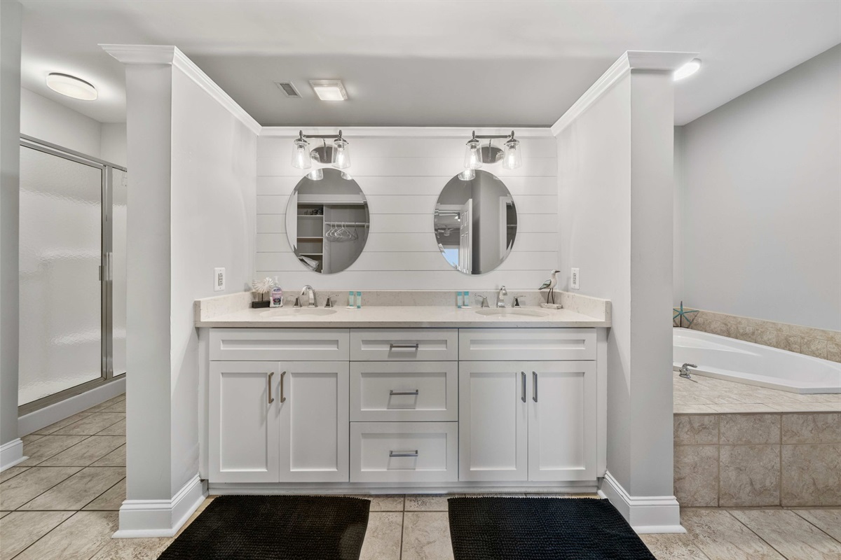 Bathroom 1: Primary Ensuite Bath  | Morning Sunrise | 302 Oceanview | 1116 Ocean Blvd, Isle of Palms, SC | IOP Escapes