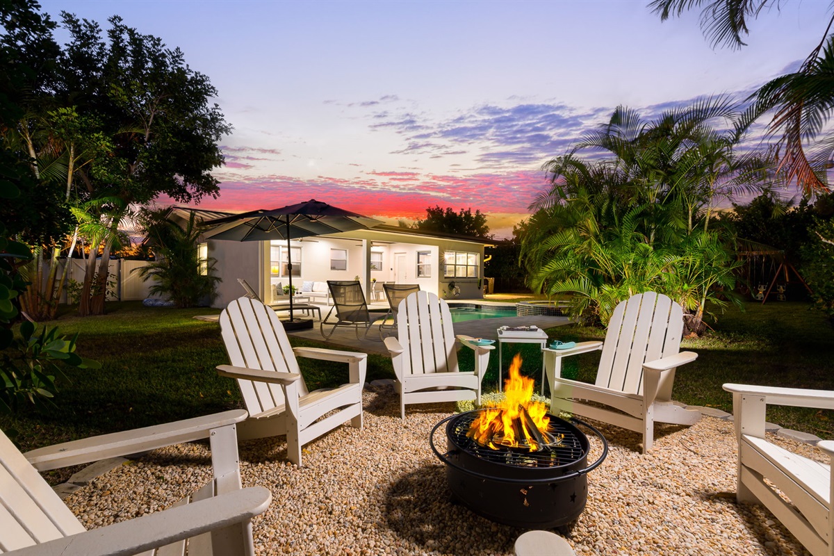 Gather around the firepit under a stunning evening sky