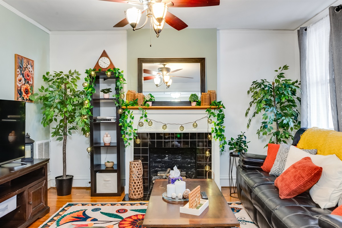 Living Room: Enjoy vibrant decor and charming greenery in this inviting space!