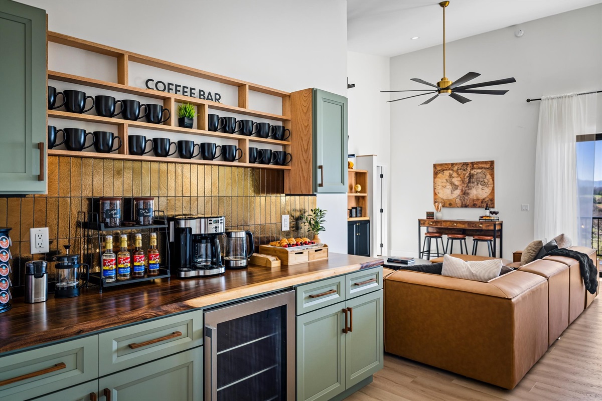 {Coffee Bar}
Fully stocked coffee bar with multiple brewing options (drip + pods), dedicated station with mugs for the whole group, and everything you need to start mornings quickly and easily.
