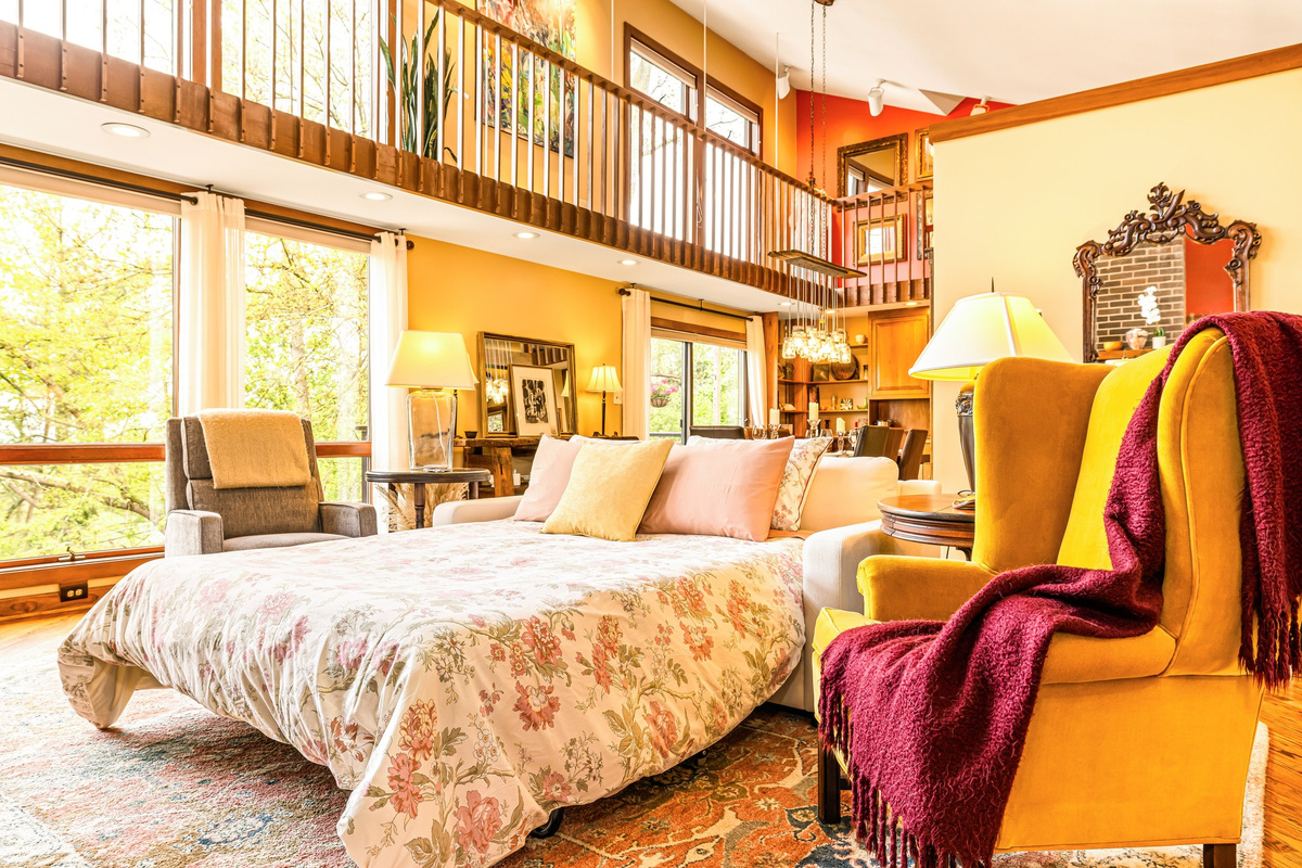 The Great Room's sofa opens into a very comfortable Queen memory foam mattress!