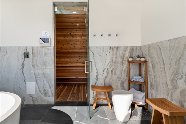 Aromatic cedar dry sauna with seating for eight