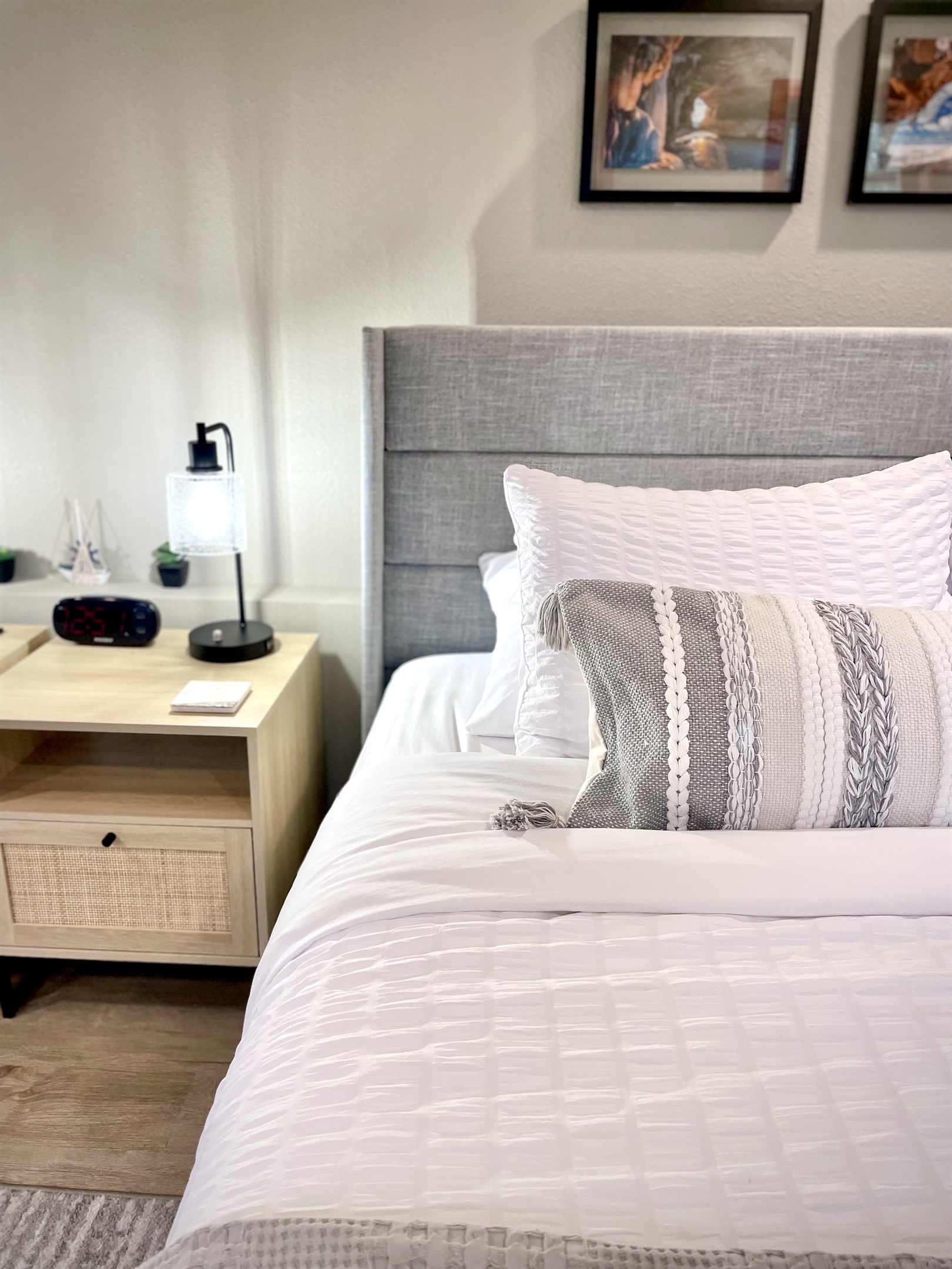 Quality linen sheets and bedding for a comfortable night sleep. USB plug lights that are dimmable. 