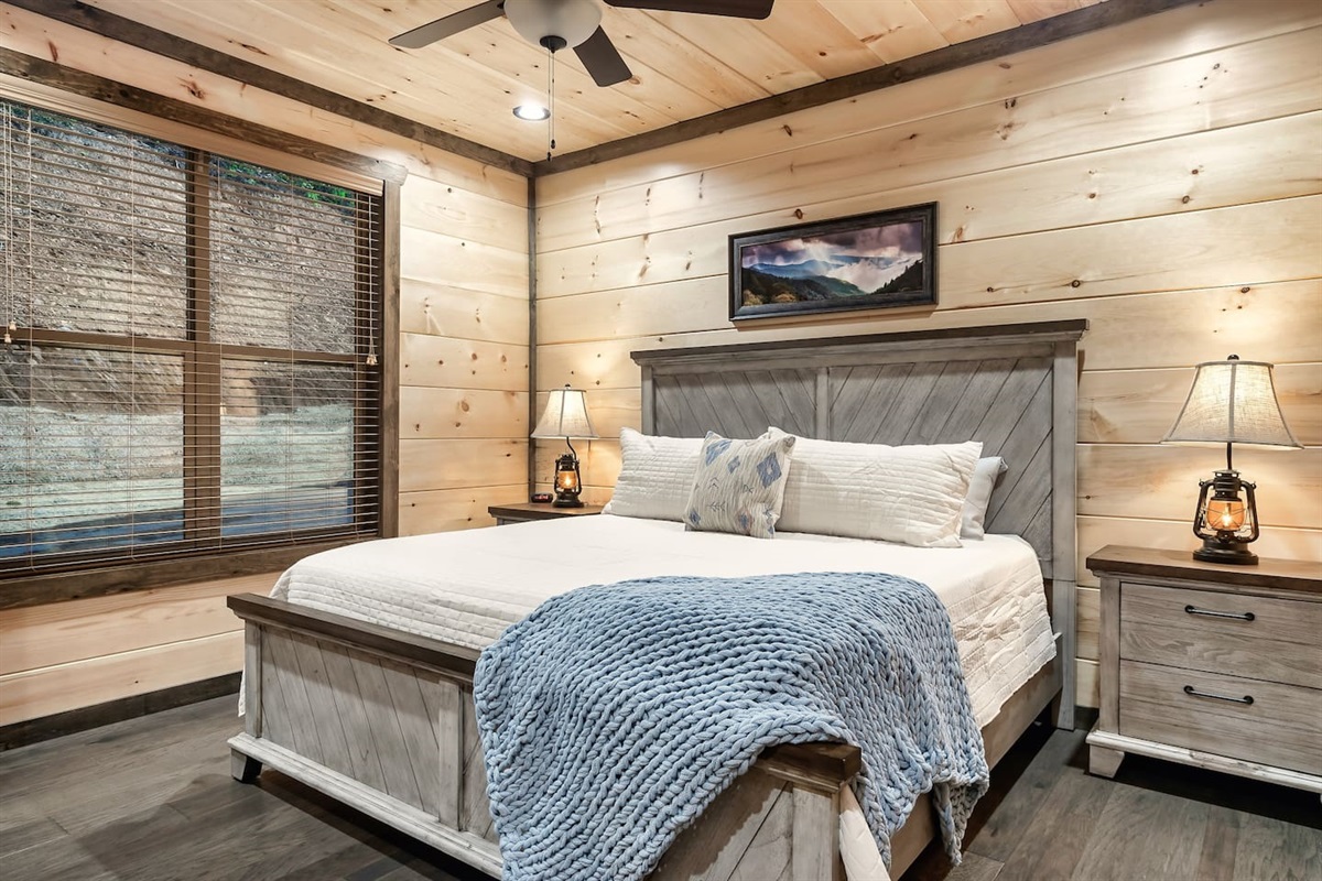 Main level: Master bedroom with king bed, cable TV and private bathroom.  Dual head walk in shower.