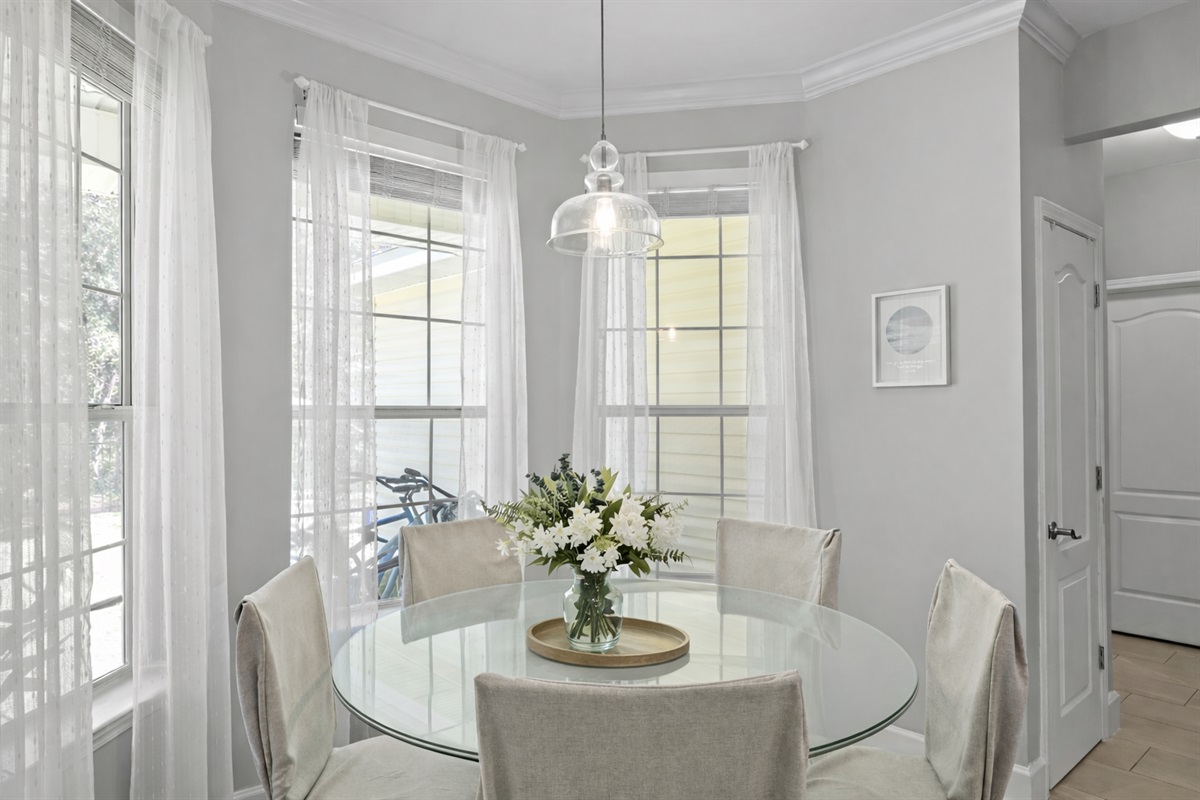 Kick back at the eat in kitchen- no fuss, just fun and plenty of space for everyone to spread out.