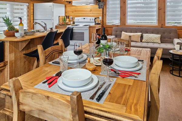 Dining area table set for a meal