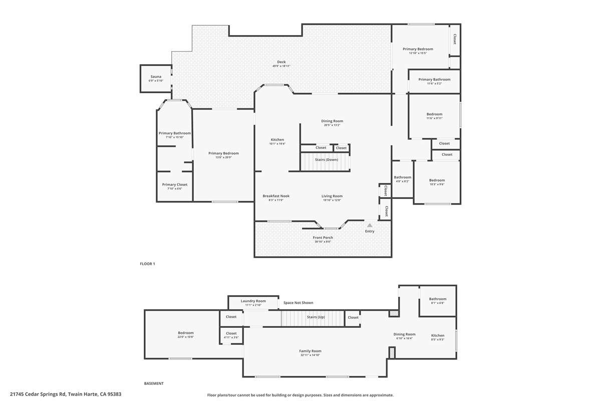 Upper Cabin layout. The top diagram is the upstairs and one of the two backyard decks. The lower diagram is the downstairs of the Upper Cabin.
