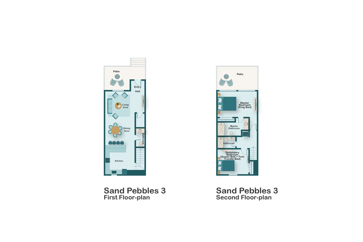 Welcome to Sand Pebbles 3! Gulf View Living Space - Plenty of Comfortable Seating in the Living Room situated around a large Smart TV + Access to the Front Covered Patio overlooking the Gulf of Mexico! View the floor plan for this vacation rental.