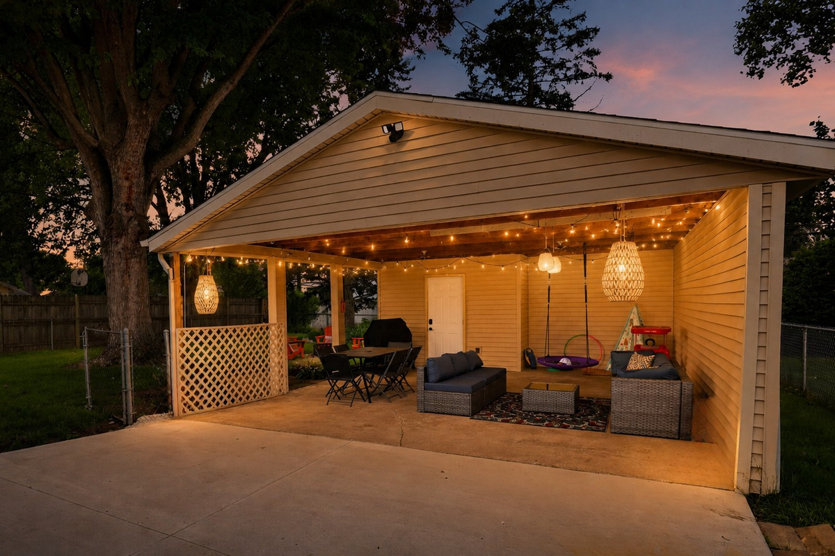 The heart of the home—our covered outdoor living room with dining, conversation seating, a family swing, and warm evening lighting.