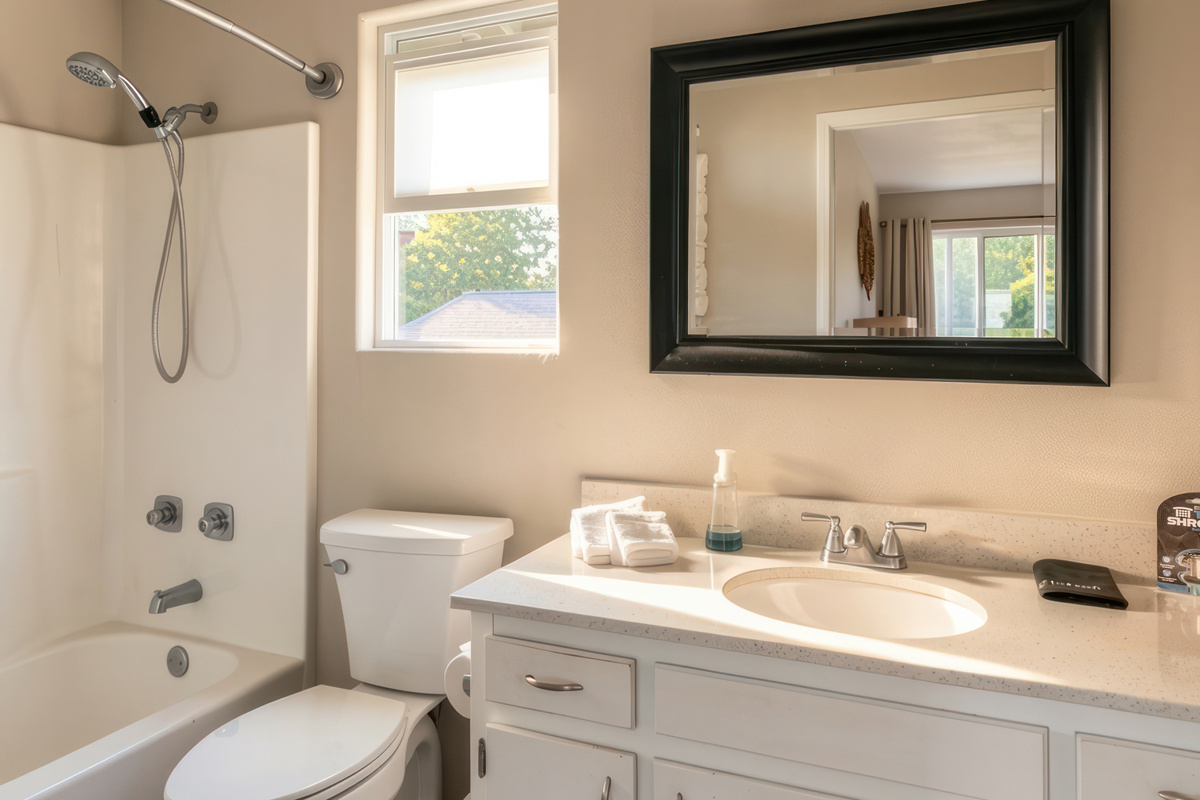 Ensuite bathroom for the 2 upstairs joined bedrooms features a shower tub combo.