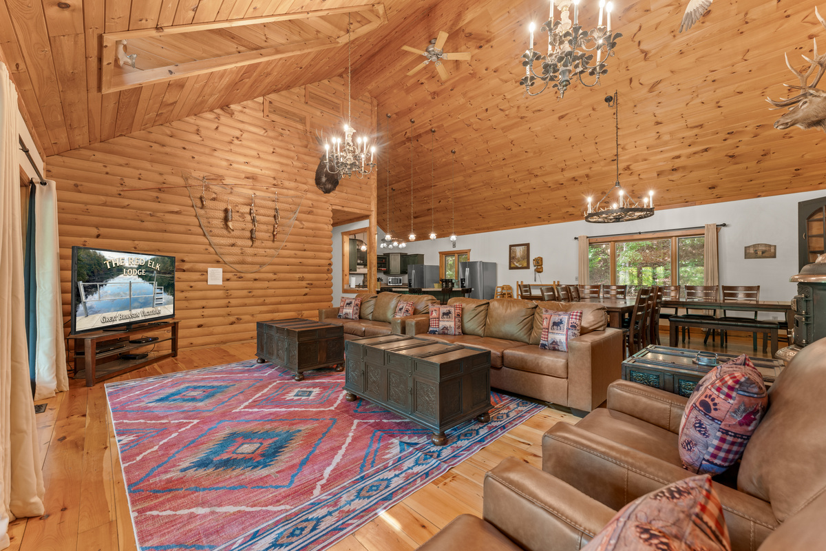 Great Room with 70 inch big screen TV with HD satellite and blu ray/DVD player.