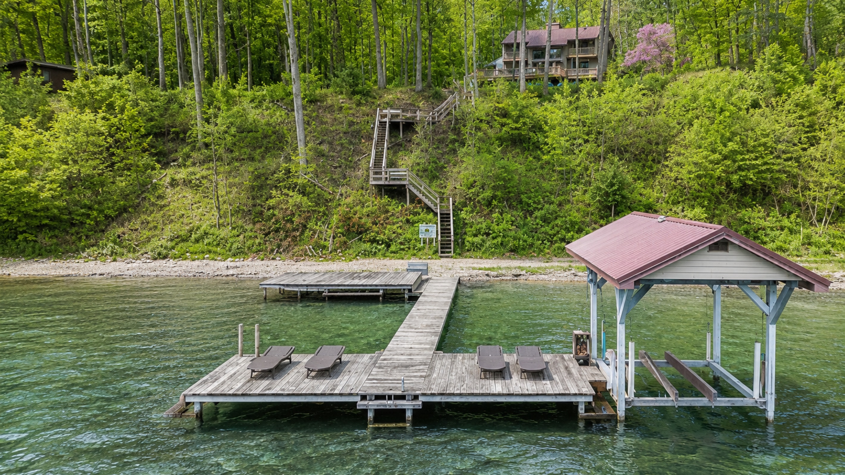 Wooded hillside leads down private steps(over 50) to the dock on crystal-clear Cayuga Lake—tie up the boat, swim, or soak in Finger Lakes sunsets 🚤🌞🌊 Hoist not available