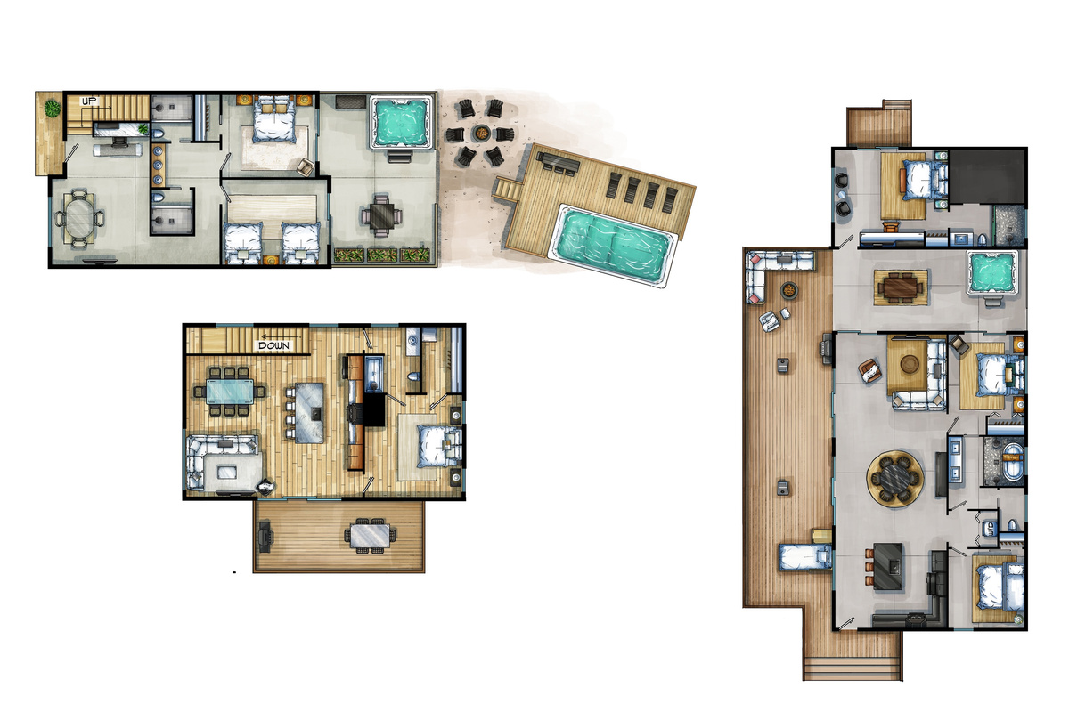 {Glass + Gallery Floor Plan}
See how The Gallery House + Glass House sit together on the property — perfect for larger groups wanting shared spaces with private cabin-style comfort.