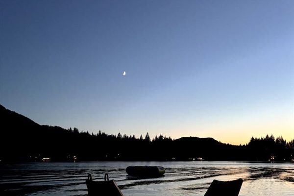 Peaceful lakefront evening scene, captured from the dock.