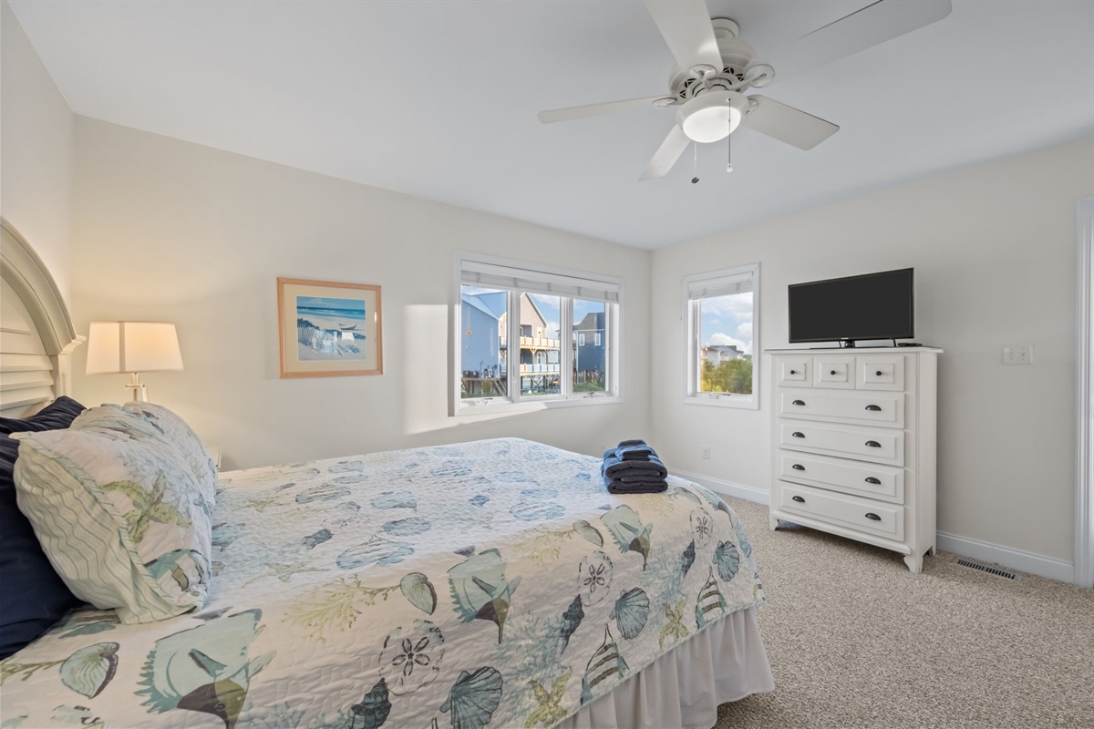 Bright 1st floor bedroom with natural light and TV