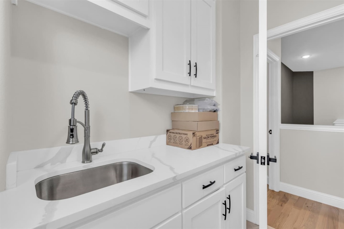 Clean utility sink with modern cabinetry and storage.