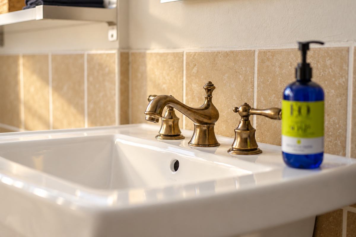 Bathroom detail featuring a bright white basin, traditional brass-toned taps and a warm beige tile backsplash. Sunlight picks out the curved faucet and clean-lined sink, offering a closer look at the bathroom finishes.