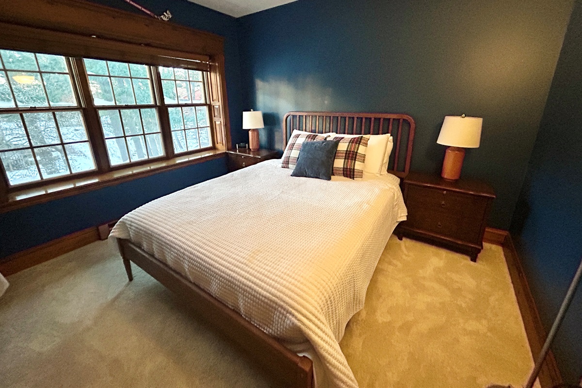 This room has a queen bed and a desk.