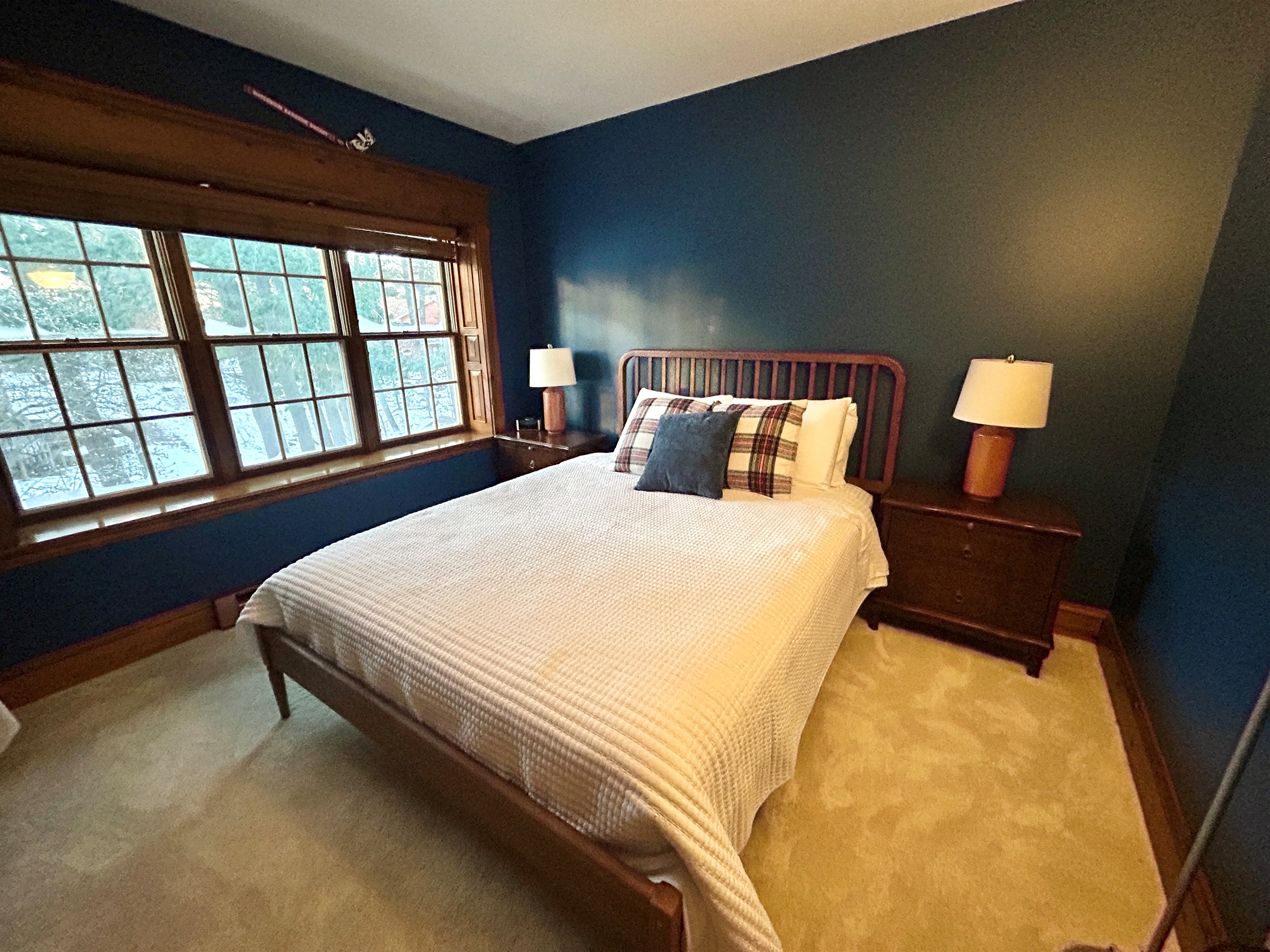 This room has a queen bed and a desk.