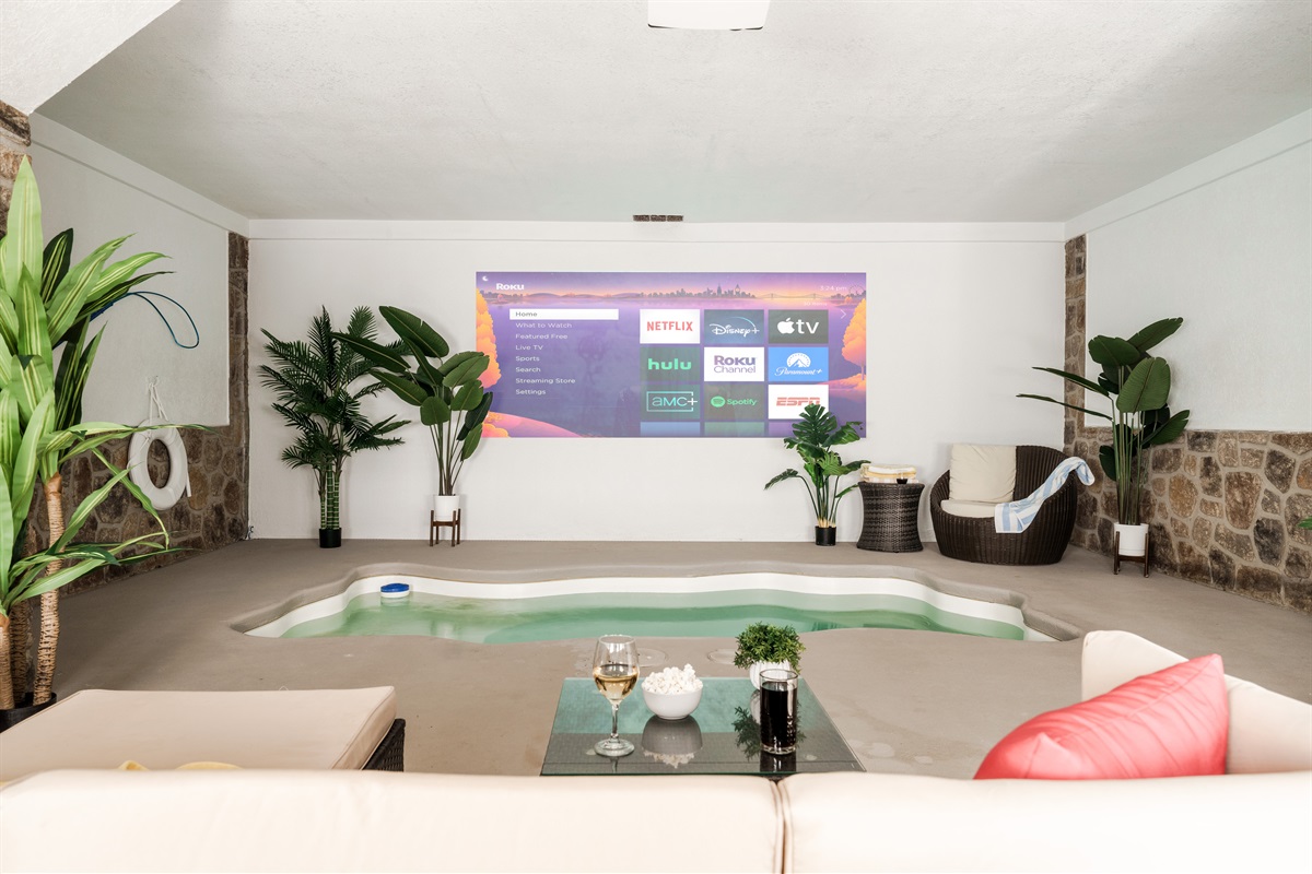 Property Managed By KickbackStays.com; Private indoor room includes a heated pool and a screen. A perfect balance of relaxation and entertainment.