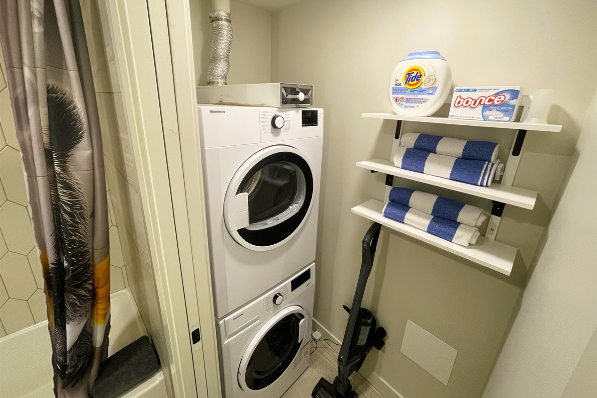 Laundry area next to the bathroom, washer, detergent, dryer, iron, ironing board, cordless vacuum, and pool towels.