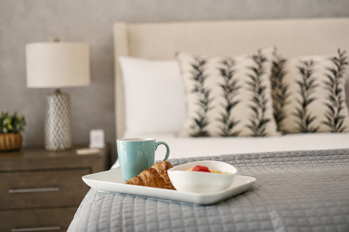 Enjoy a quiet morning with coffee, a croissant, and fresh fruit served on a soft, neatly made bed.