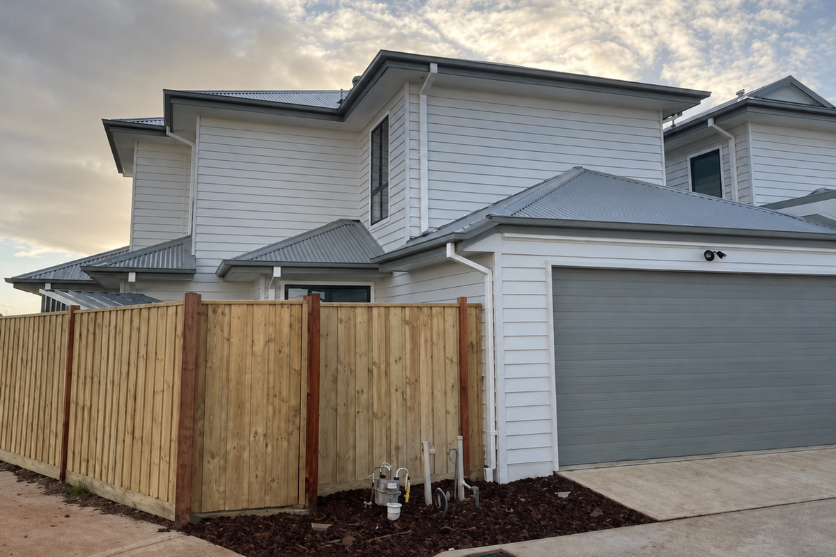 Side of the townhouse showing the garage, timber boundary fencing and the mulched front garden bed.
