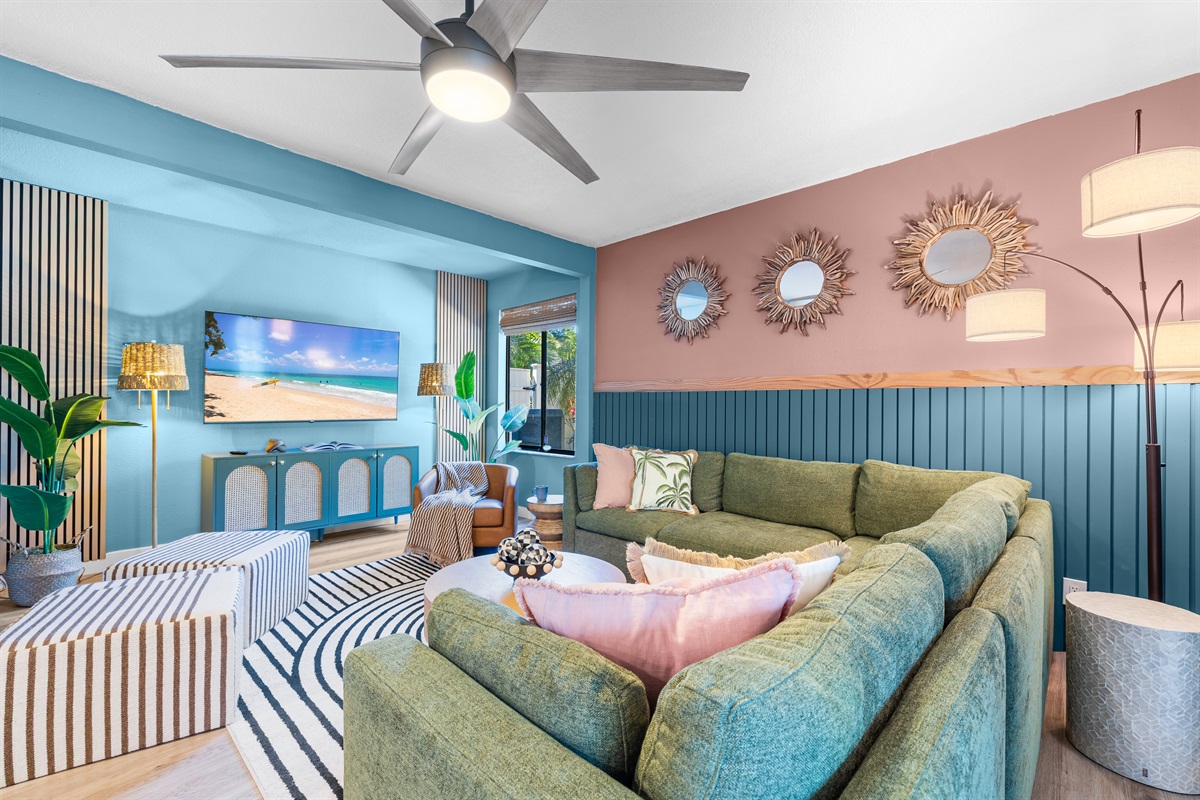 Spacious living room to gather for movie or game night