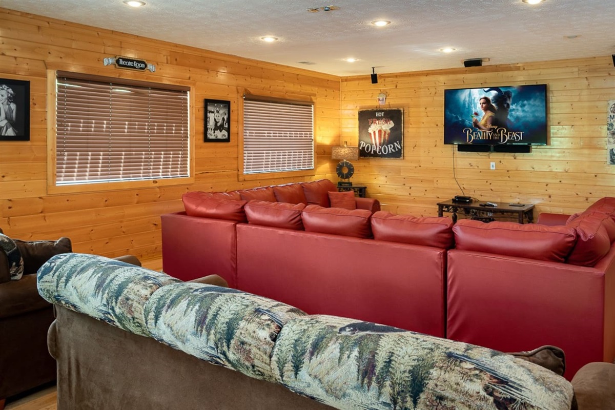 Huge movie theater room with 60" TV, XBox One X, large wet bar, fridge, etc.