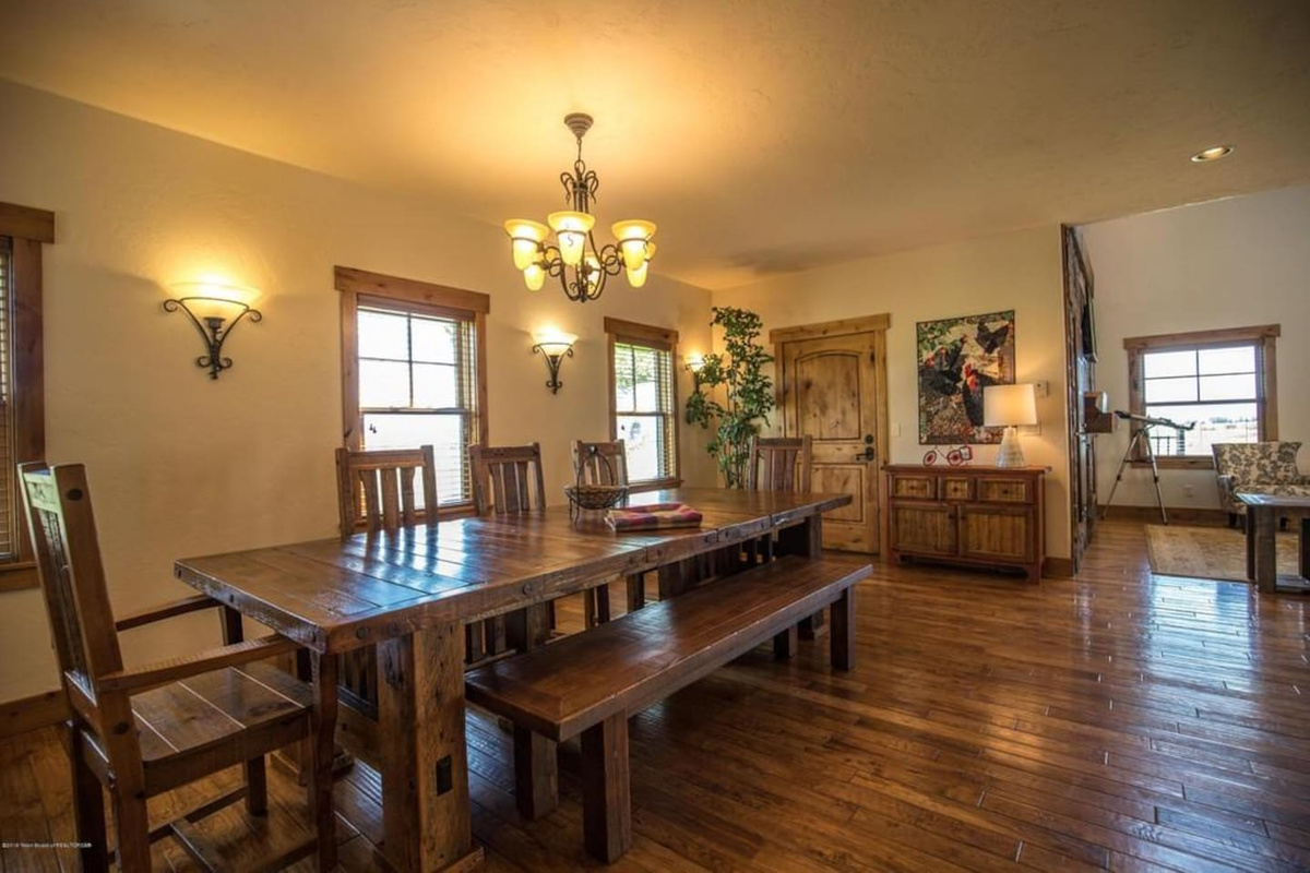 Dining table, seats 10 comfortably (there is an additional chair, unpictured)
