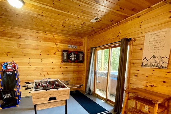 Basement game room includes ping pong, darts, foosball; wall games like connect four, ring toss, and tic tac toe; and plenty of board games, puzzles and more!