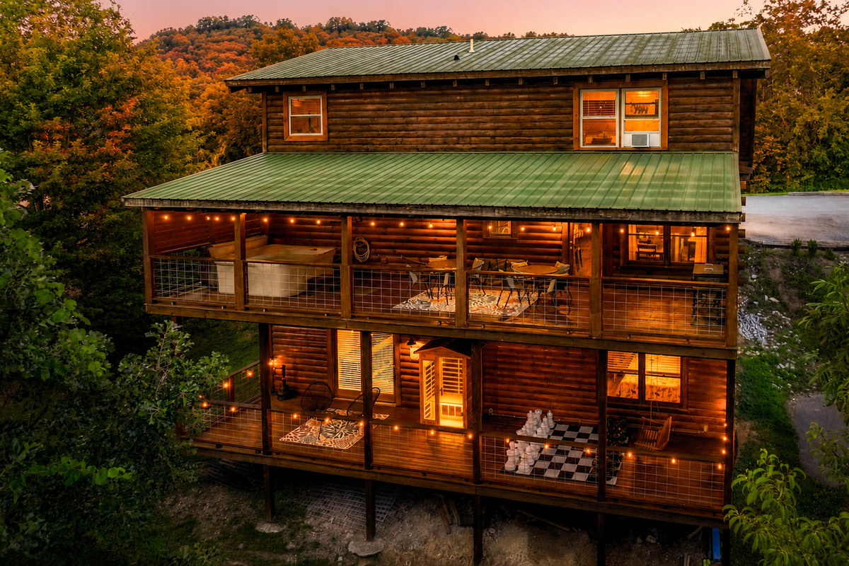Our 3 story cabin features 2 decks with hot tub, sauna, and games.