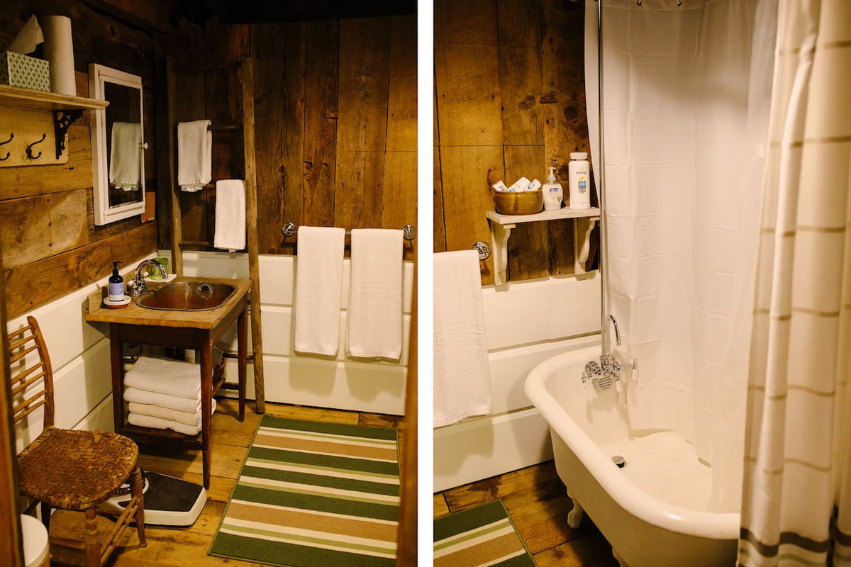 Bathroom with antique copper sink, and claw foot tub and shower.