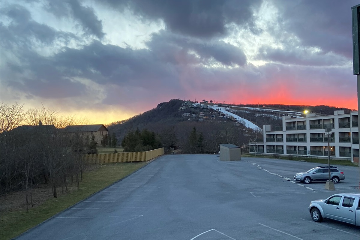 Gorgeous sunset view of the ski resort from the main balcony