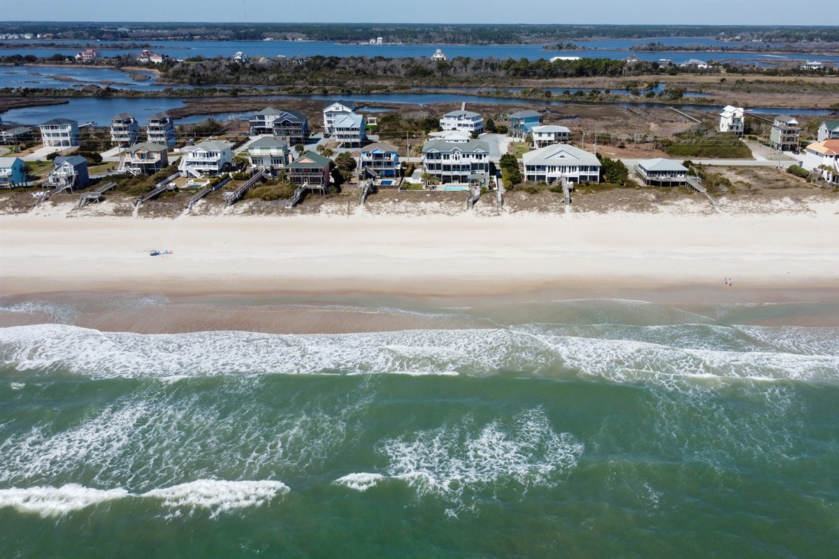 Wide aerial view of the beach and ocean shoreline at North Topsail Beach