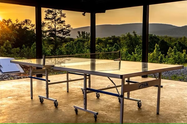 Covered side patio with ping pong table—perfect for shade, games, and relaxing views.