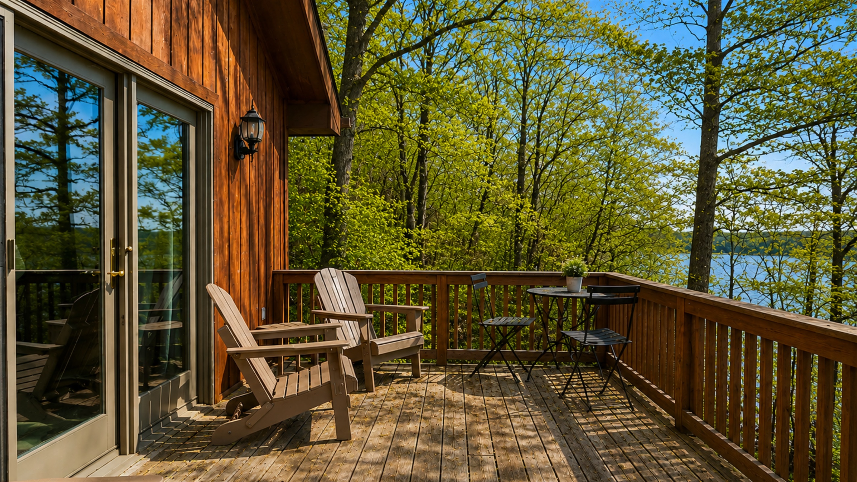 Porch 1 (directly outside of the living room) -  Enjoy the great outdoors from our spacious deck, equipped with comfortable seating and a scenic view of the surrounding forest. Ideal for relaxation or entertaining.