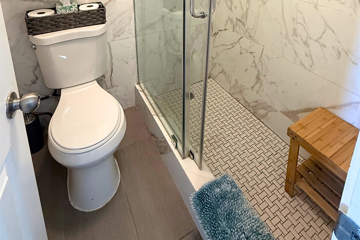 Primary bathroom off of the bedroom has been recently renovated